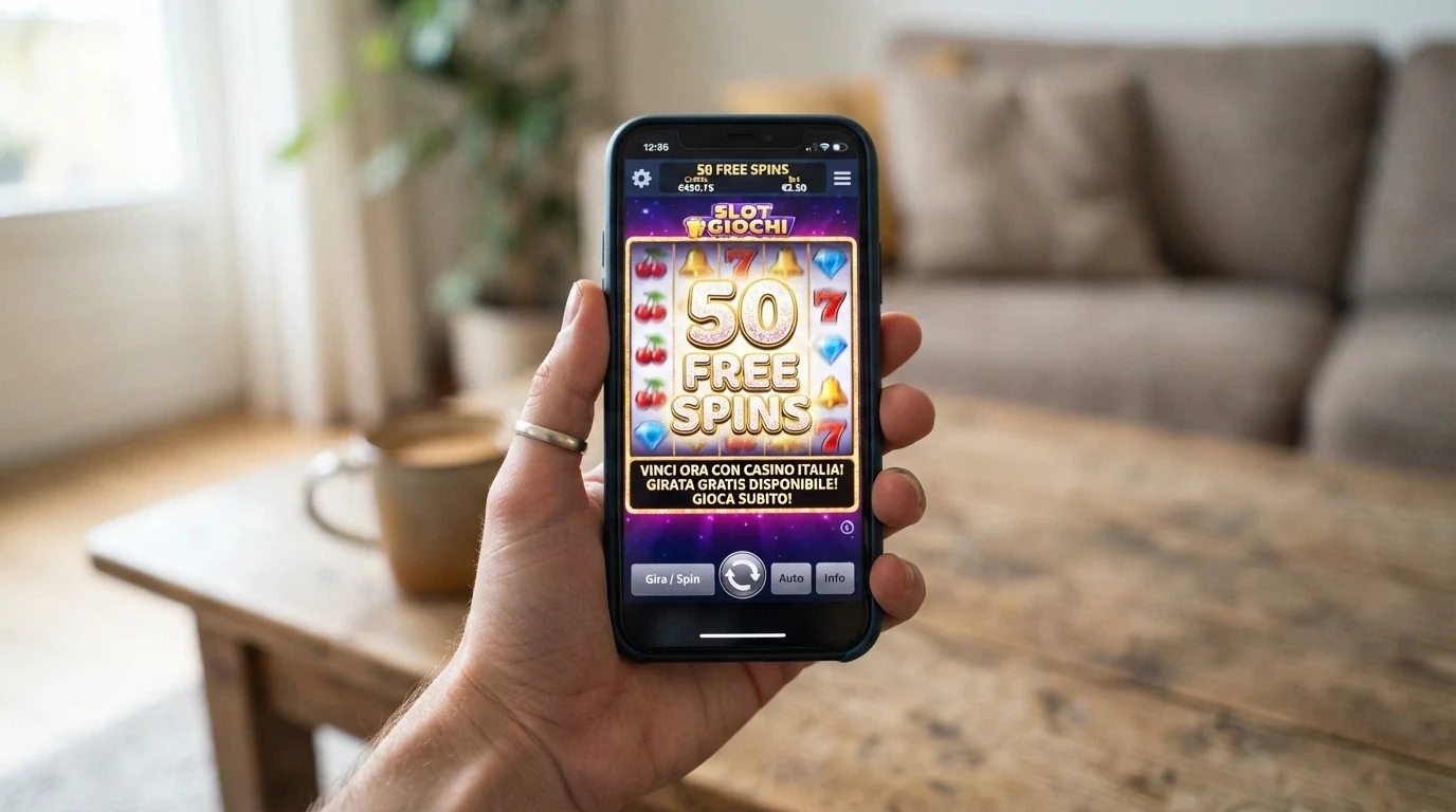 Una mano che tiene uno smartphone con la schermata di un casinò ADM e l'indicazione «50 Free Spins»