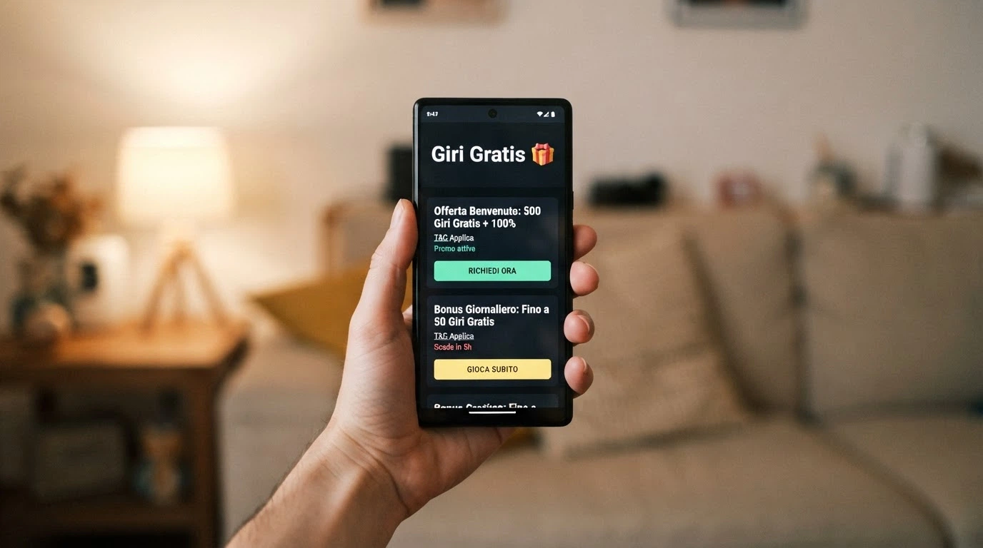 Una mano tiene uno smartphone con l'interfaccia mobile di un casinò online, aperta sulla sezione promozioni «Giri Gratis»