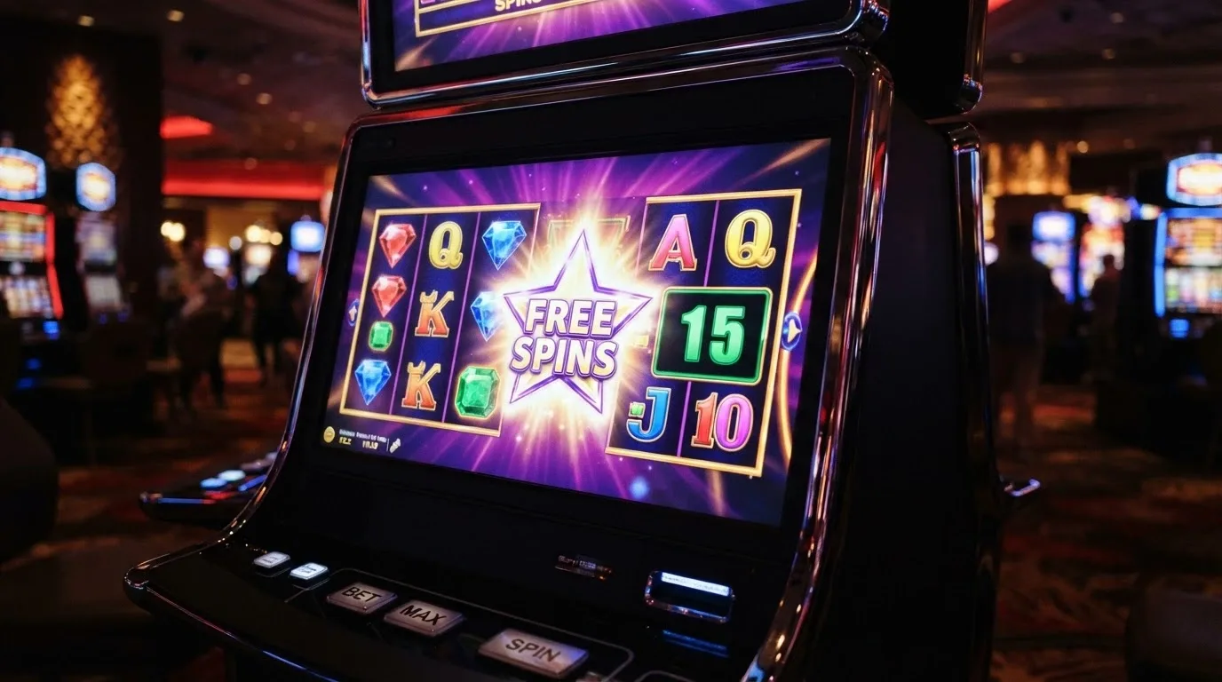 Una slot machine con il simbolo dei giri gratuiti illuminato e un contatore digitale sullo schermo