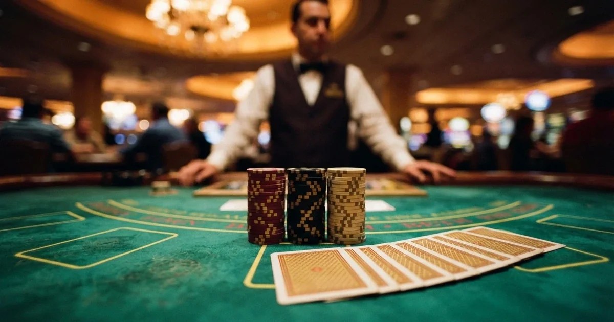 Un tavolo da casinò illuminato con fiches impilate, un mazzo di carte e un croupier sullo sfondo, atmosfera premium