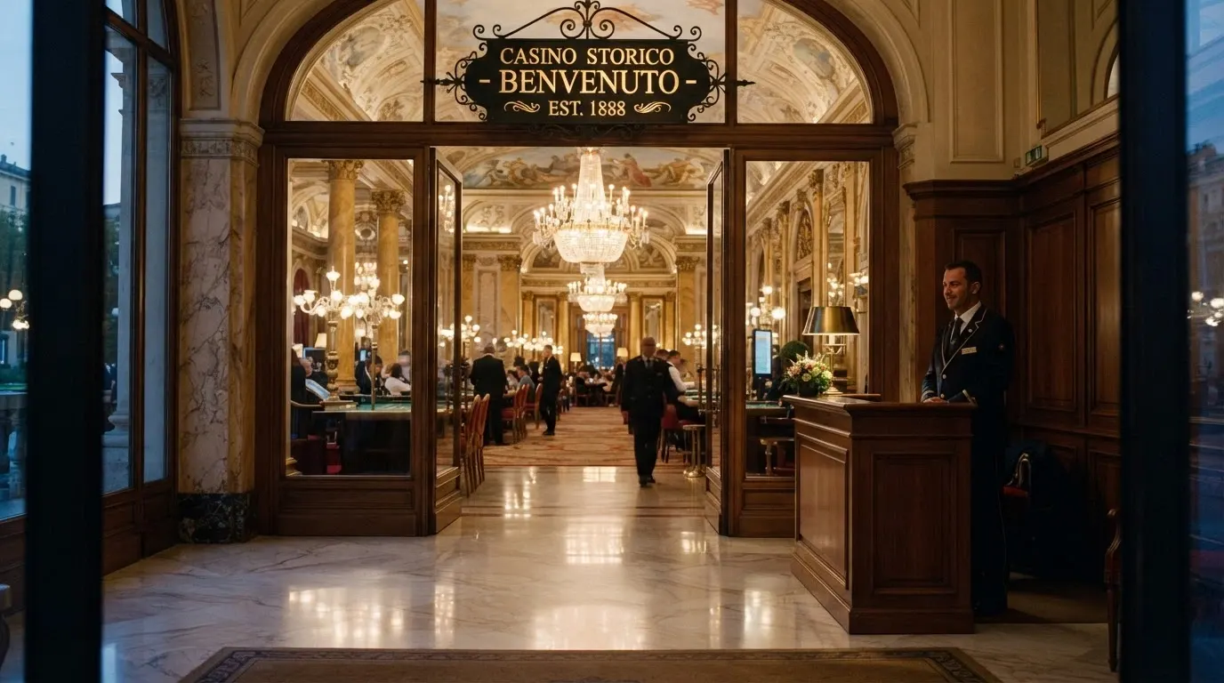 L'ingresso della sala da gioco del Casinò di Sanremo con il controllo all'entrata e l'insegna storica