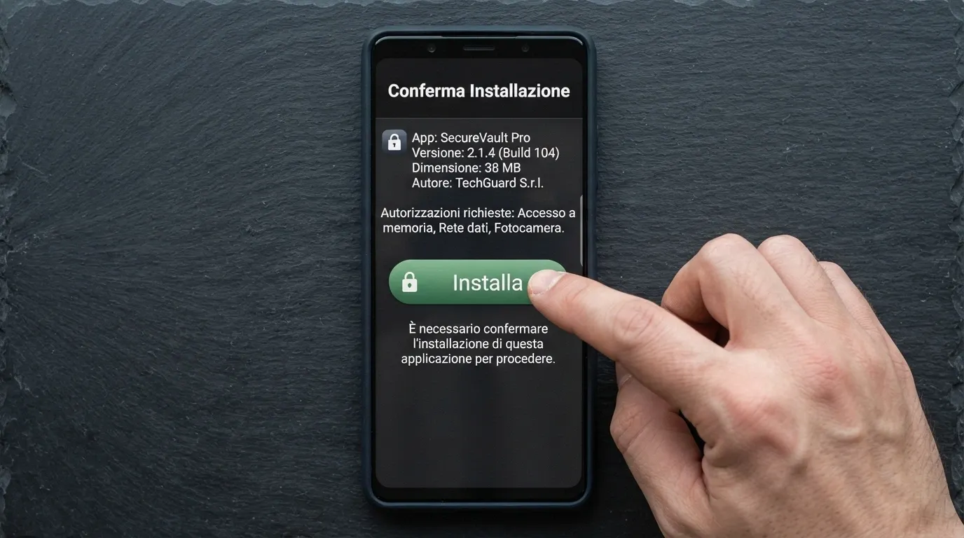 Uno smartphone Android che mostra la schermata di installazione di un APK con il tasto «Installa» in evidenza e un lucchetto di sicurezza accanto