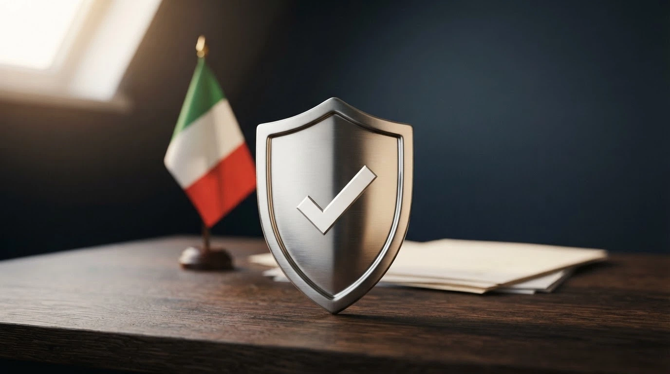 Il logo ufficiale dell'ADM accanto a uno scudo con un segno di spunta, sullo sfondo la bandiera italiana