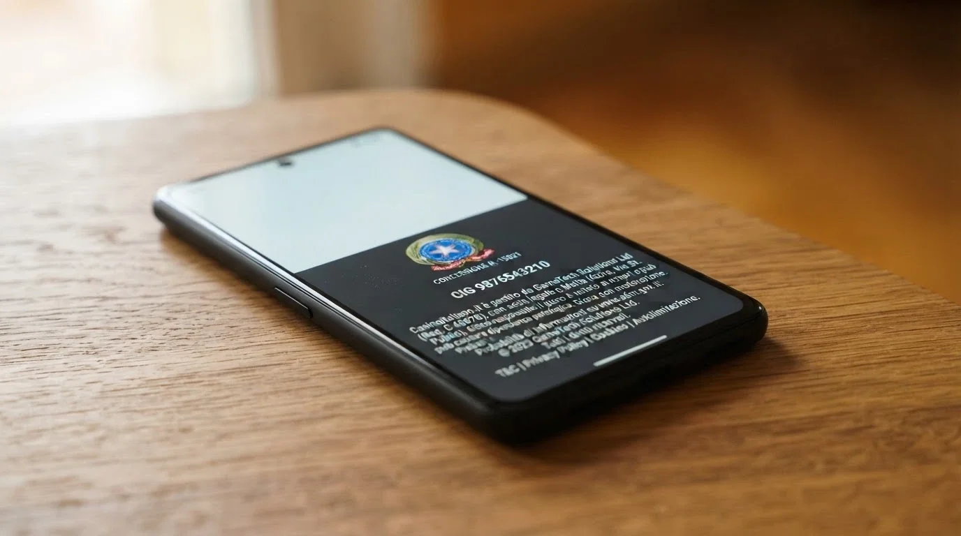 Dettaglio del footer di un casinò online su iPhone con il logo ADM, il numero di concessione e la dicitura legale in evidenza