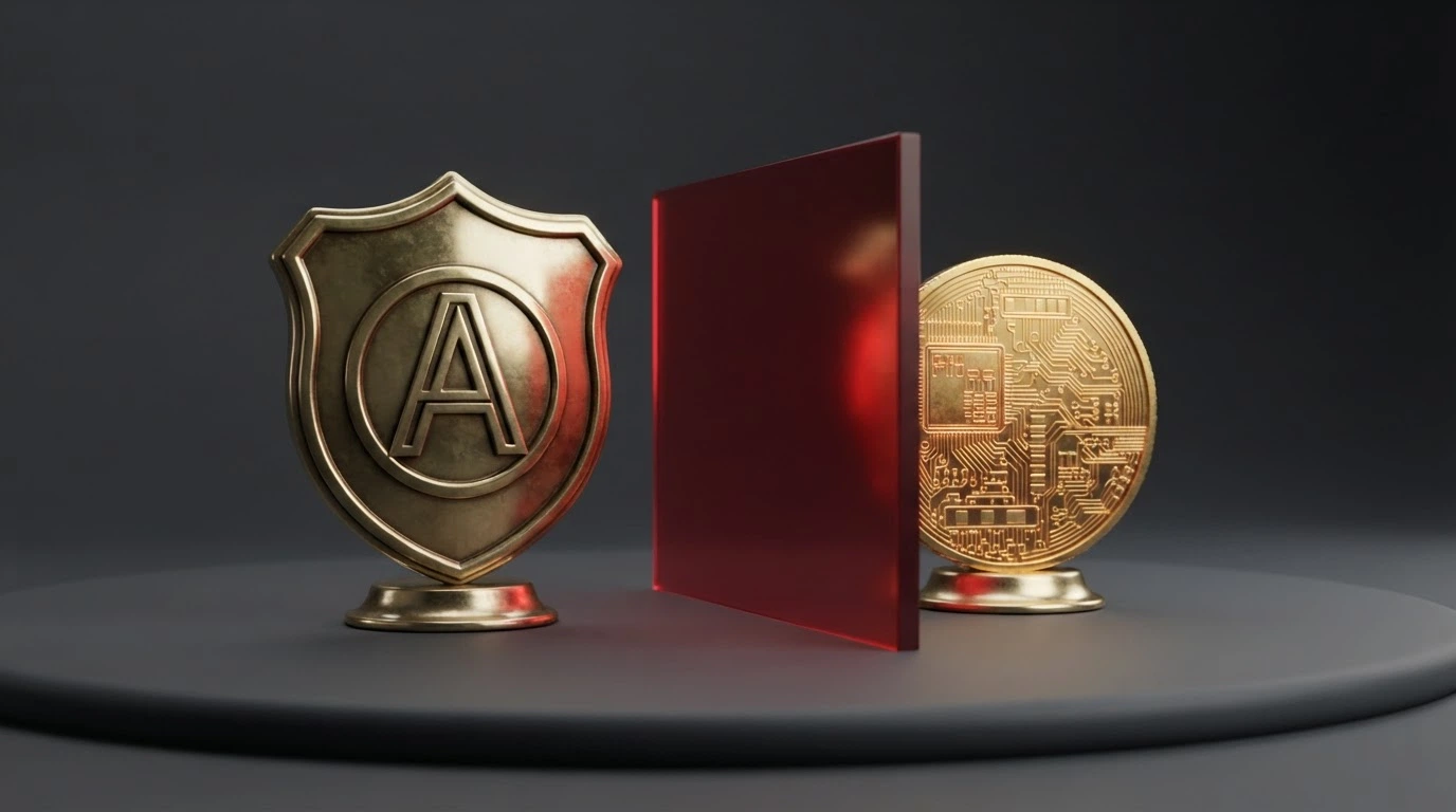 Il logo dell'Agenzia delle Dogane e dei Monopoli accanto al simbolo di Bitcoin separati da una barra che indica l'incompatibilità attuale