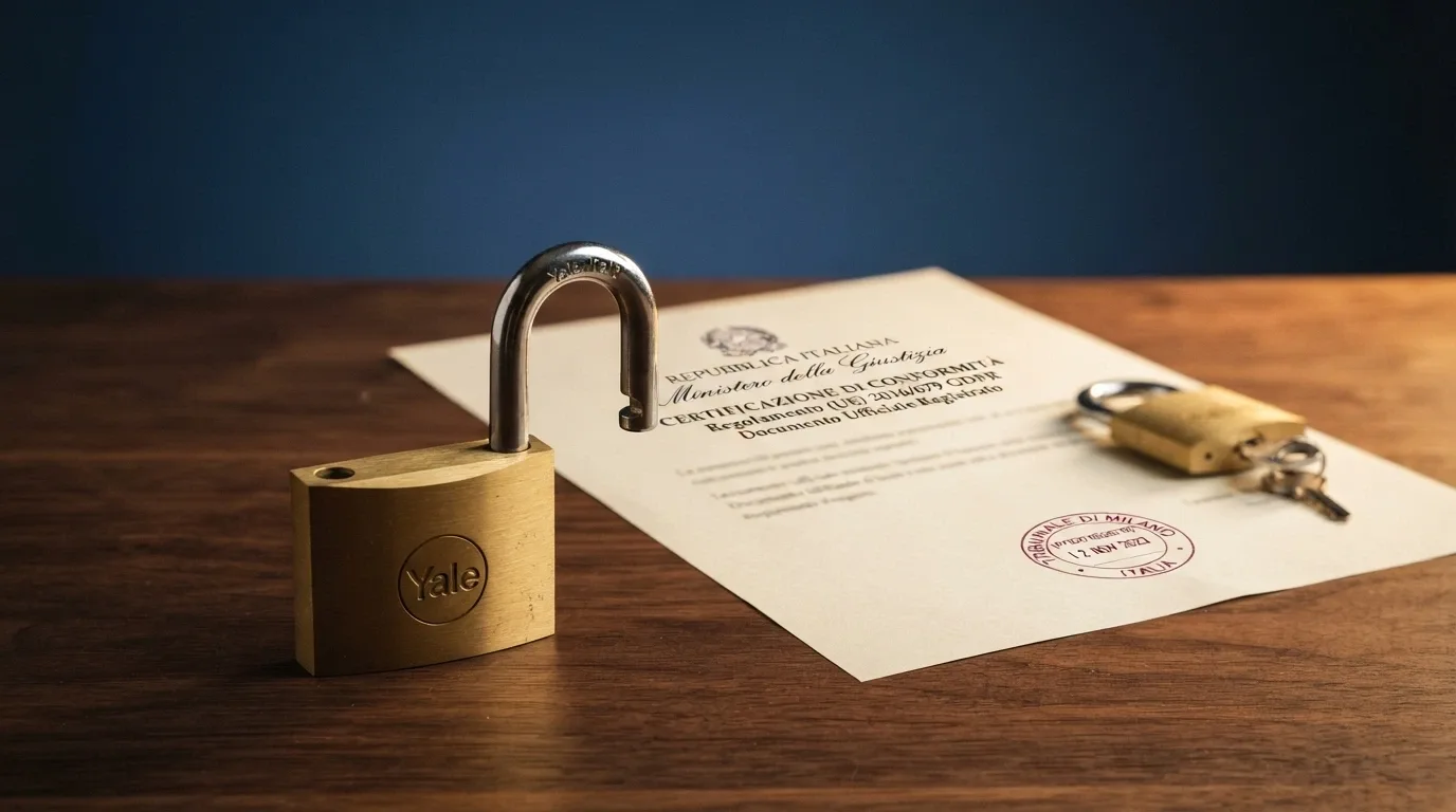 Il logo ADM in primo piano con sullo sfondo un documento ufficiale e il simbolo del lucchetto