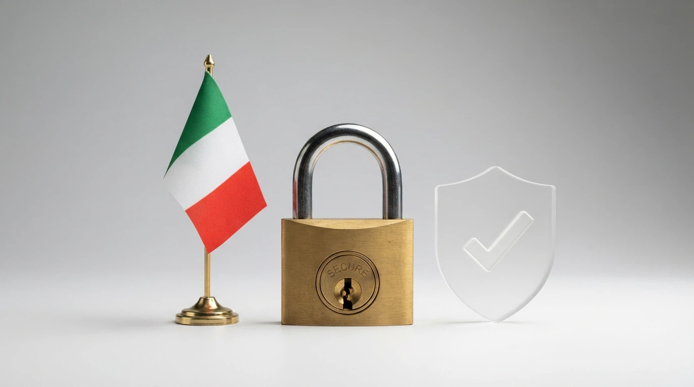 Il logo ufficiale ADM accanto a un lucchetto e allo scudo del RUA, con la bandiera italiana sullo sfondo