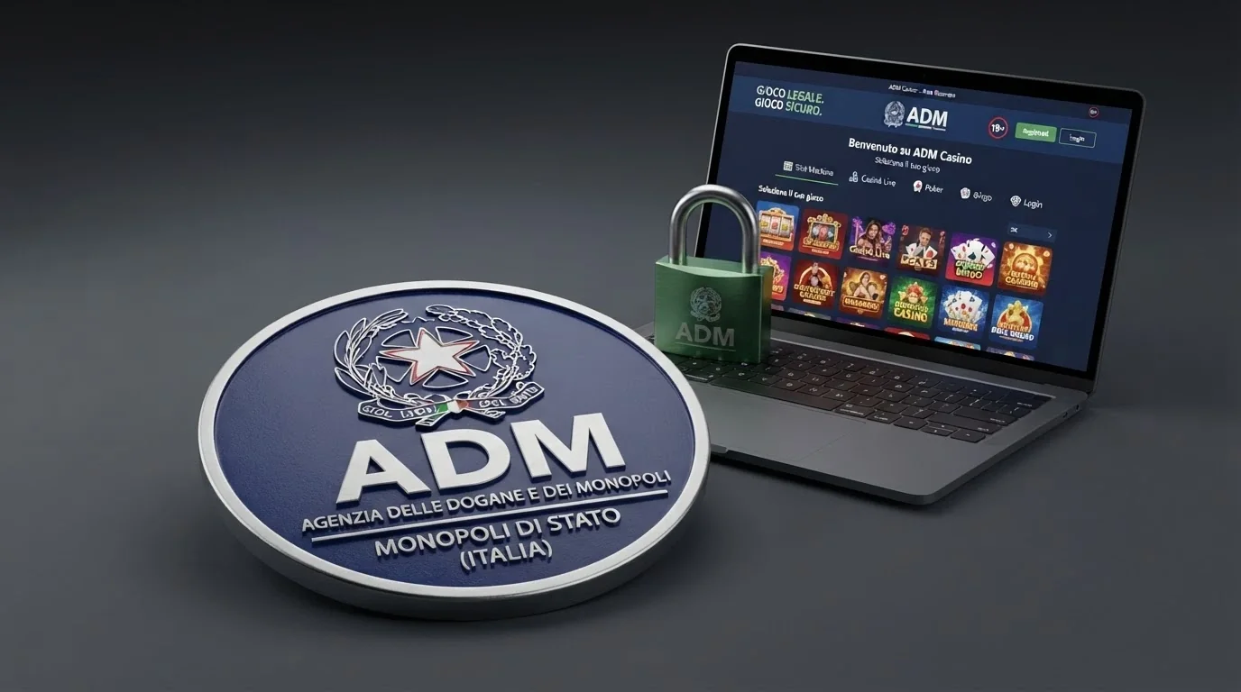Il logo dell'Agenzia delle Dogane e dei Monopoli su un badge ufficiale accostato allo schermo di un casinò online in italiano, con un lucchetto verde che collega i due elementi