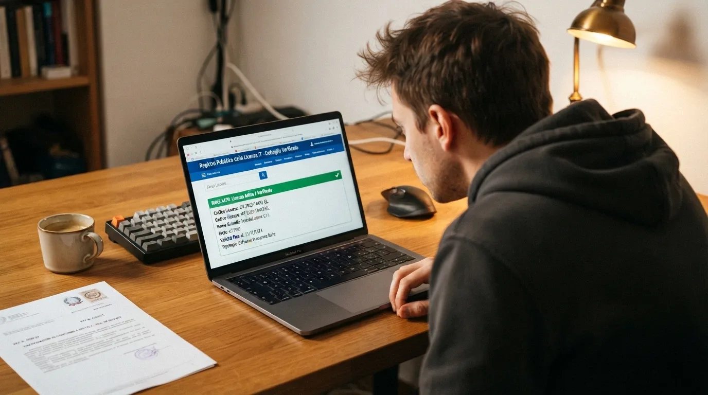 Un primo piano di un certificato di licenza di gioco con timbri e numeri di registrazione, appoggiato su una scrivania