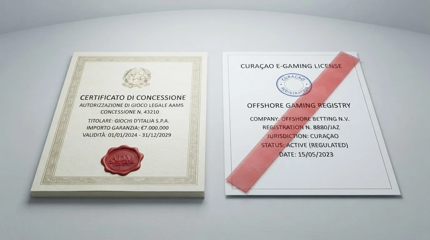 Certificati di licenza offshore su uno schermo con il logo ADM in sovraimpressione barrato