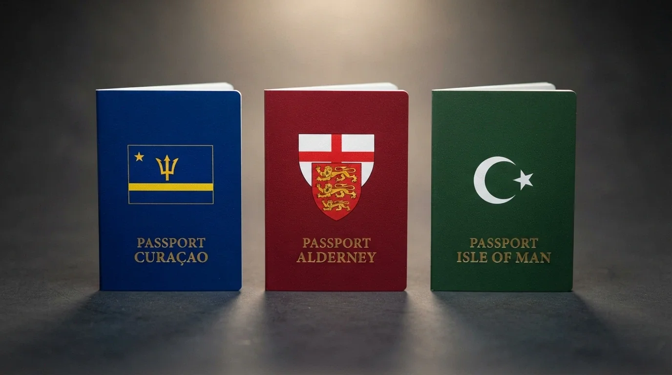 Tre passaporti stilizzati con le bandiere di Curaçao, Costa Rica e le Comore (Anjouan)