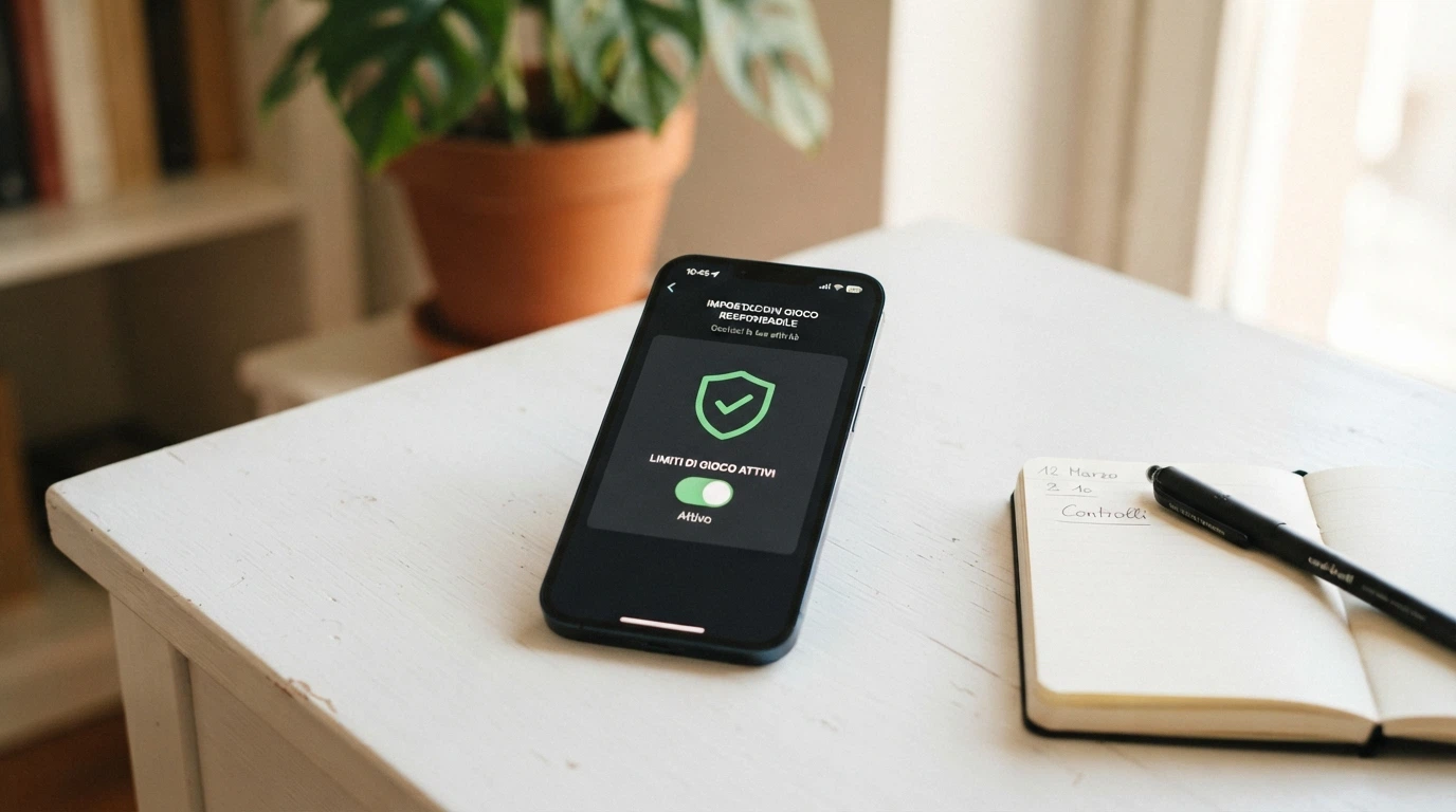 Un'interfaccia di impostazione limiti di deposito su schermo, con un interruttore per l'autoesclusione e il numero verde in evidenza