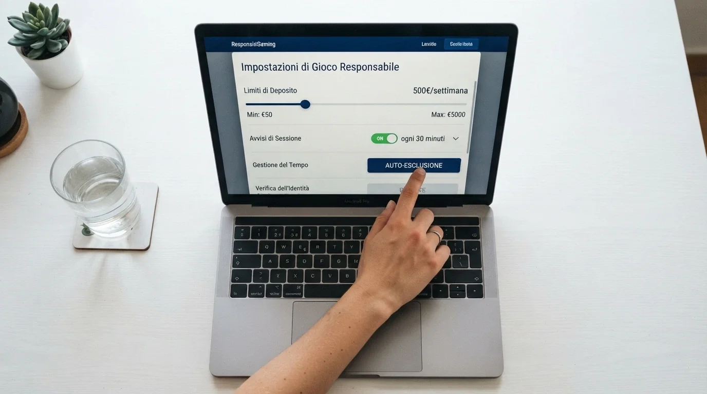 Pannello di controllo nell'area personale di un casinò ADM con le voci limiti di deposito, tempo di gioco e autoesclusione