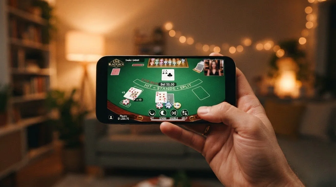 Uno smartphone in orientamento orizzontale che mostra un tavolo da blackjack live con interfaccia touch e comandi per puntare