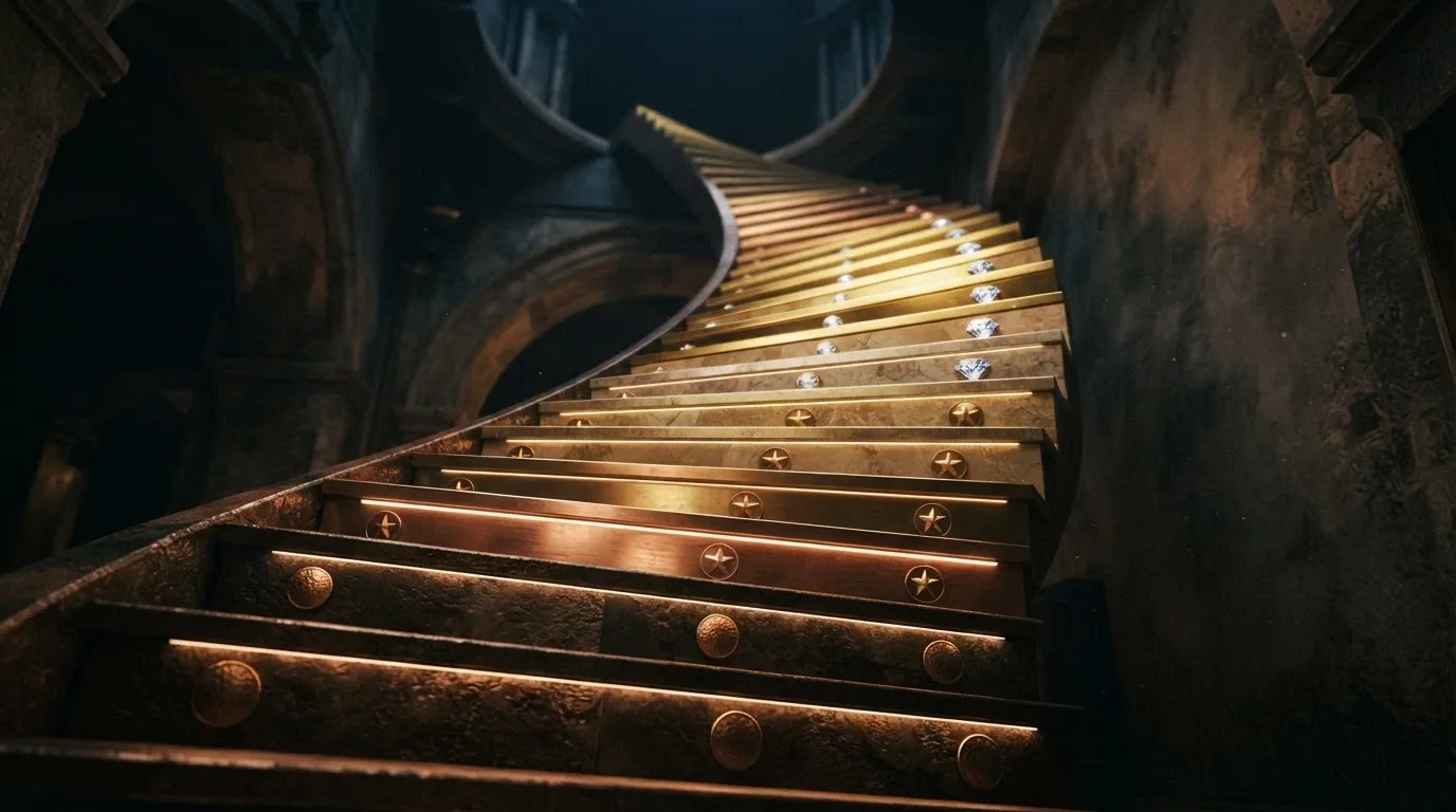 Una scala a gradini con icone che salgono dal bronzo al diamante, ogni gradino illuminato in modo diverso