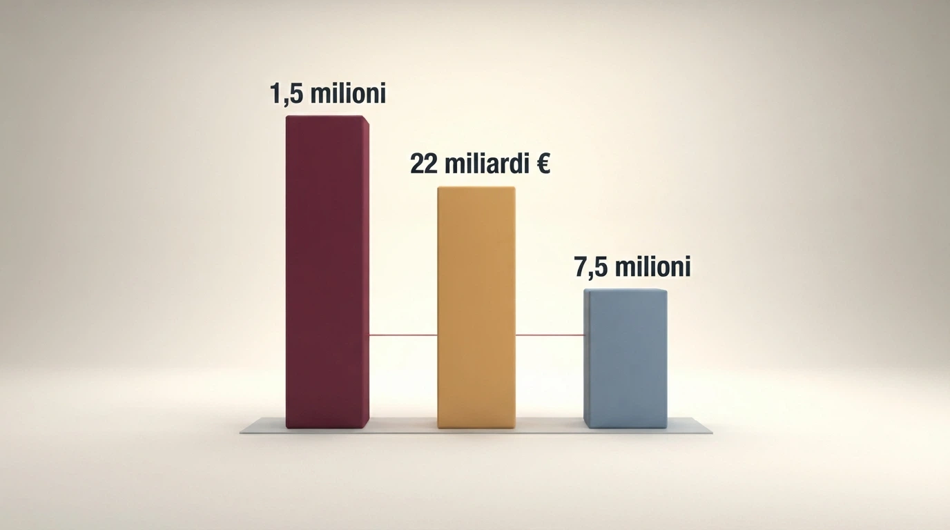 Un'infografica con i dati chiave: 1,5 milioni di giocatori problematici, 22 miliardi persi nel 2025, fino a 7,5 milioni di familiari coinvolti