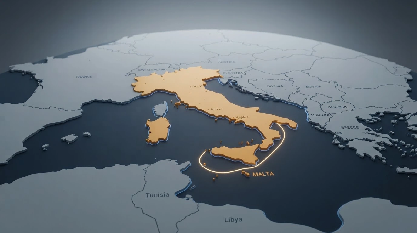 Una mappa stilizzata dell'Europa con puntini in Italia e a Malta, collegati da una linea che rappresenta la concessione ADM