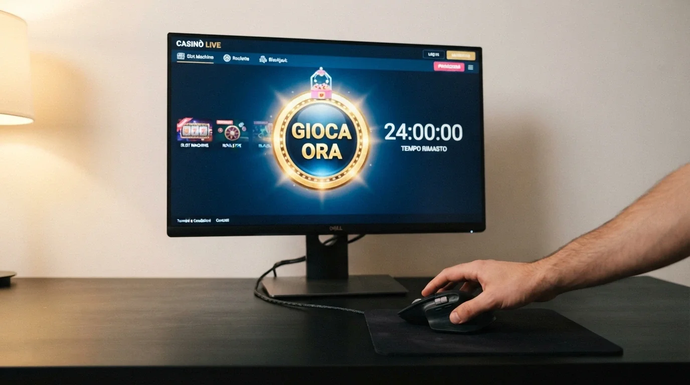 La schermata di un casinò online con il pulsante «Gioca» del Bonus Crab in evidenza e un countdown di 24 ore accanto, su uno schermo desktop con una mano che muove il mouse verso il pulsante