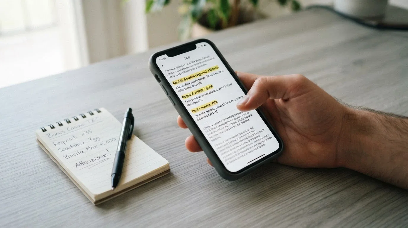 Una mano che scorre i termini e condizioni di un bonus su uno schermo, con le voci «wagering», «validità» e «vincita massima» evidenziate