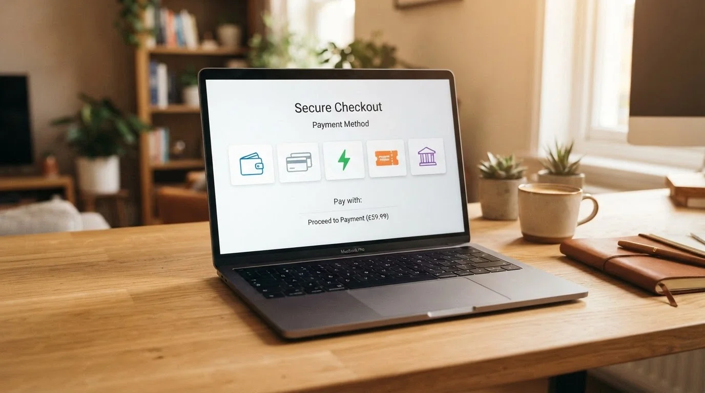 Una schermata di checkout con icone di PayPal, carte di credito, Skrill e Postepay disposte in fila