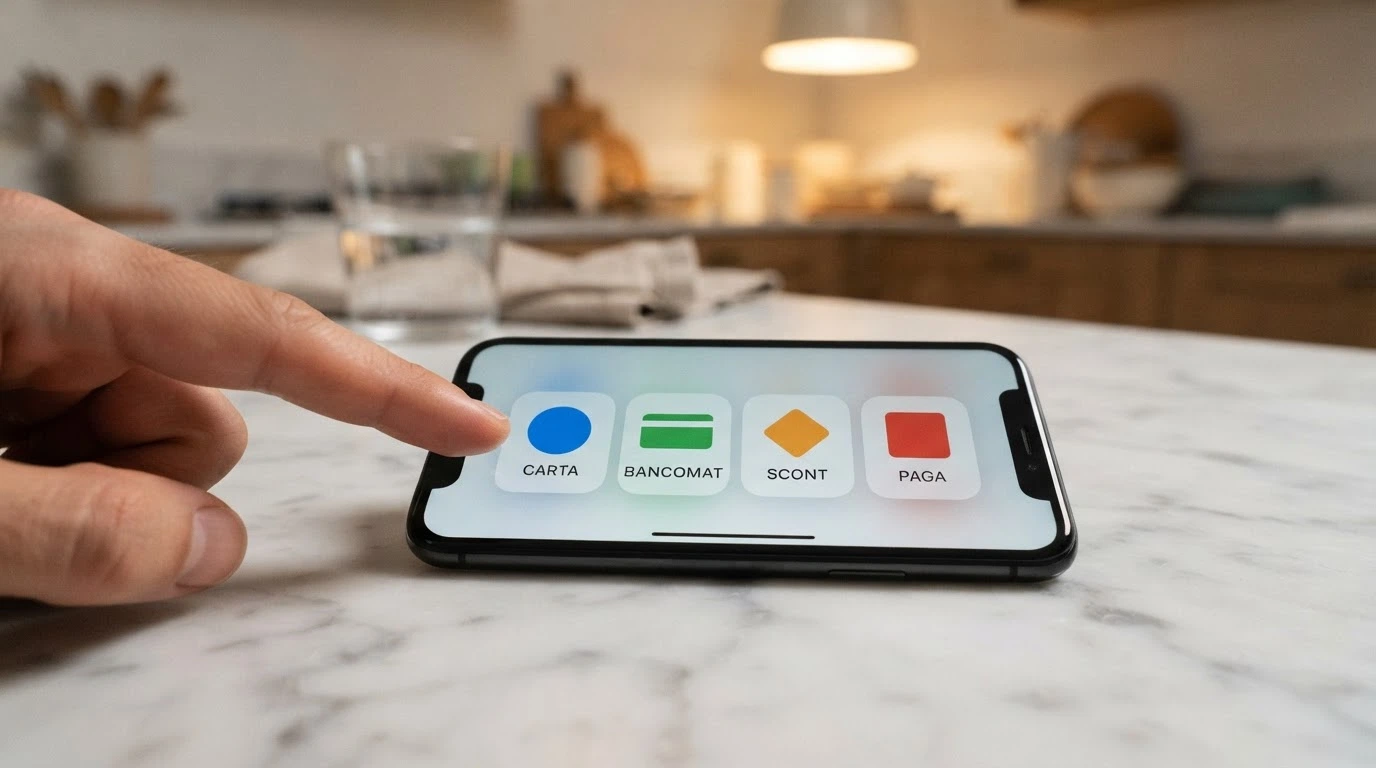 Uno smartphone con le icone di PayPal, Postepay, Visa e bonifico bancario affiancate