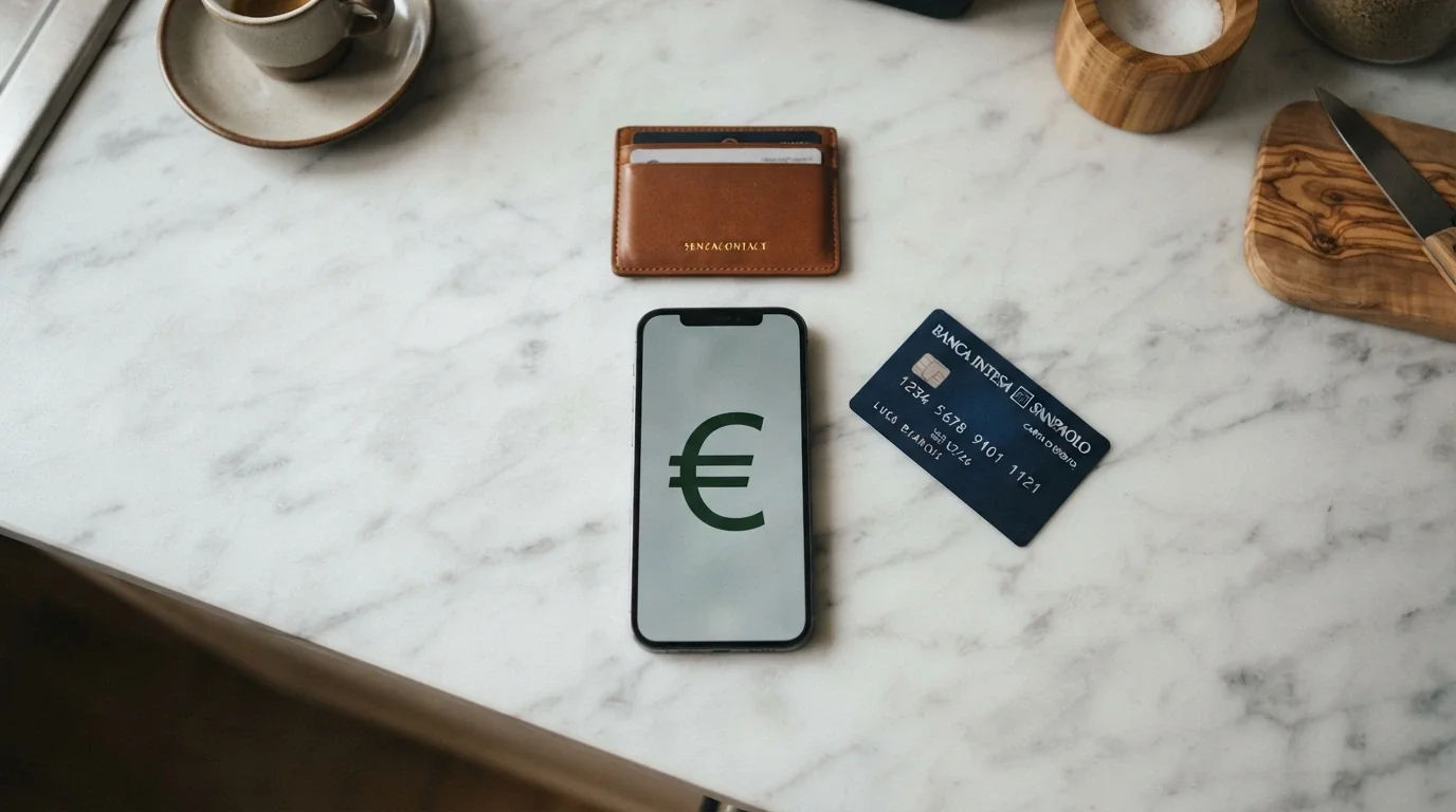 Una gamma di icone di pagamento familiari agli italiani: PostePay, PayPal, Visa, Mastercard, bonifico, Skrill, Apple Pay, disposte ordinatamente