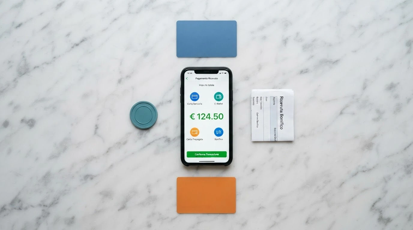 Uno smartphone con le icone dei metodi di pagamento più usati (PayPal, Visa, Skrill, bonifico) disposte intorno allo schermo
