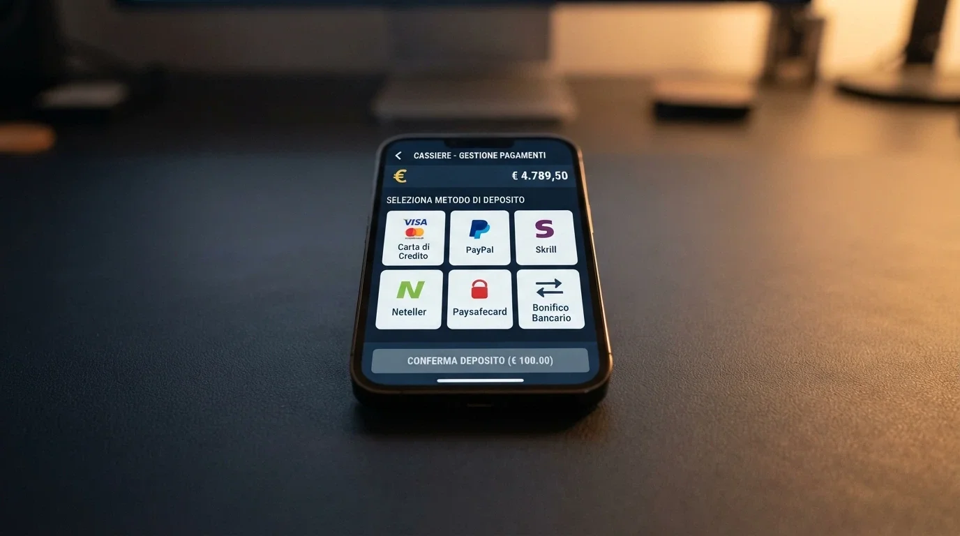 Schermata della cassa di un casinò su iPhone con le icone di Apple Pay, PayPal, Skrill, carte di credito e PostePay in evidenza