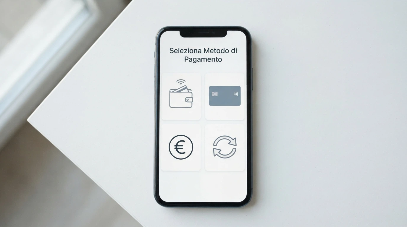Uno smartphone che mostra una schermata con diverse opzioni di pagamento: PayPal, carta di credito, criptovalute e bonifico