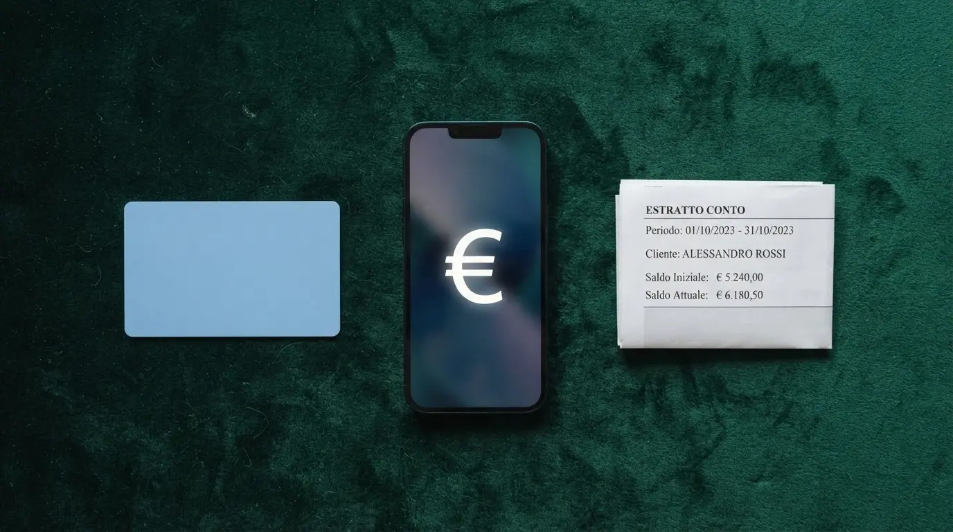 Una carta Postepay, il logo PayPal e un bonifico bancario affiancati su uno sfondo di velluto verde da casinò