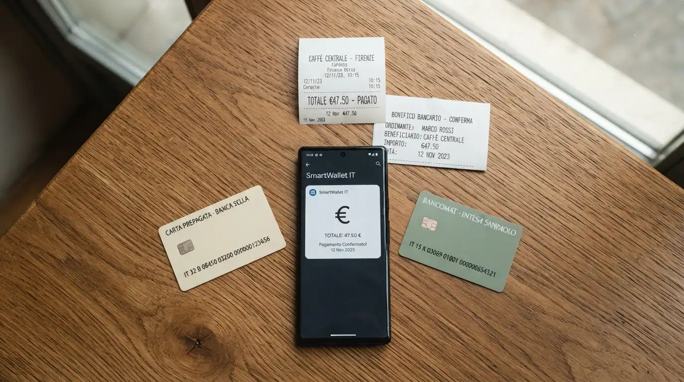 Dispositivi di pagamento in uso in Italia: smartphone con app PayPal, carta Postepay, carta di credito, ricevuta Paysafecard, schermata di bonifico