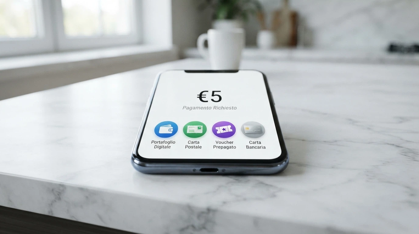 Uno smartphone con le icone di PayPal, Postepay, Paysafecard e una carta di credito allineate sopra la soglia di 5 €