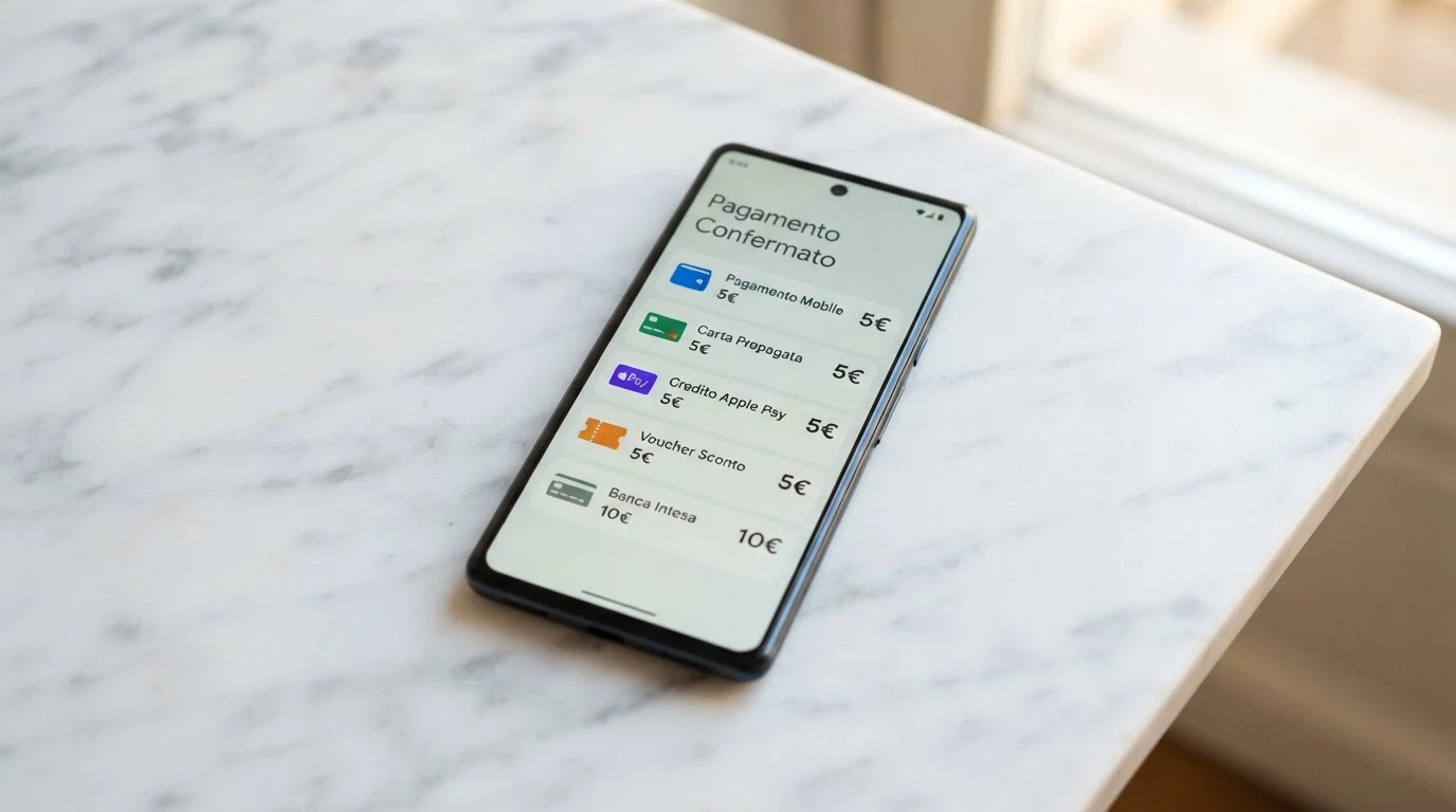 Uno smartphone con le icone di PayPal, Postepay, Paysafecard, Skrill e una carta di credito, ciascuna affiancata dalla propria soglia minima in euro