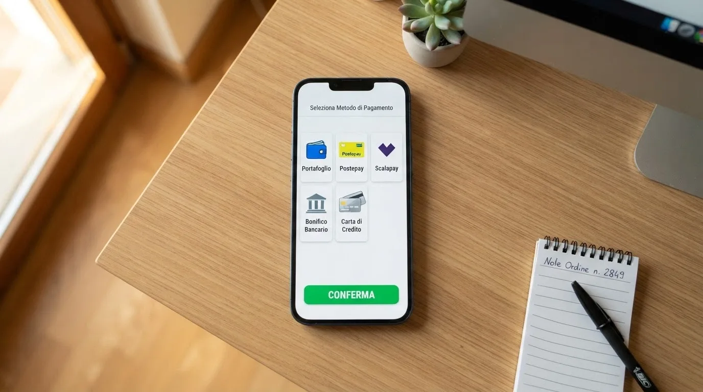 Una schermata di checkout con le icone di PayPal, Postepay, Skrill, bonifico bancario e carte di credito allineate come opzioni di pagamento