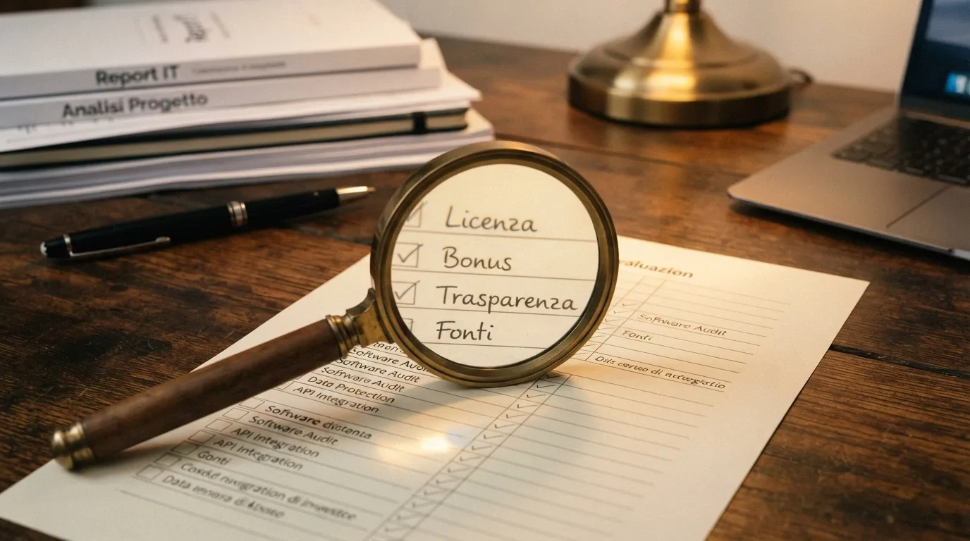 Una lente di ingrandimento su una lista di criteri: licenza, bonus, trasparenza, fonti