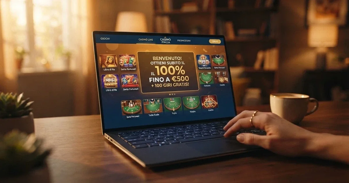 Schermata di un casinò online italiano con licenza ADM che mostra un bonus di benvenuto