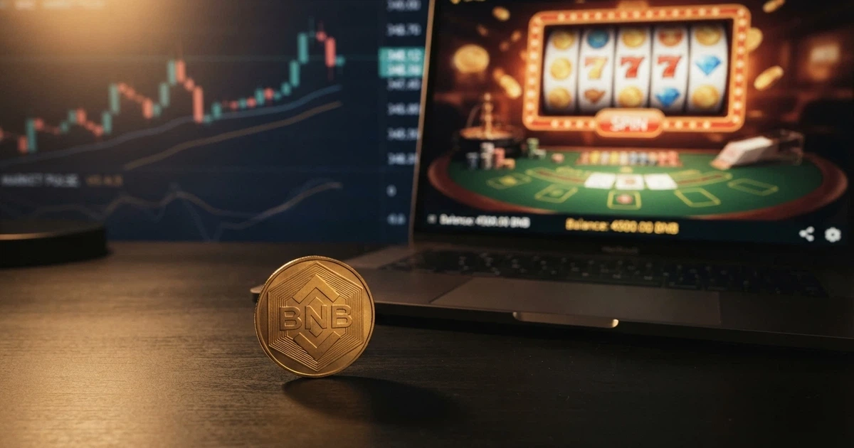 Un token Binance Coin BNB dorato davanti a un casinò online su schermo, con grafici di quotazione sullo sfondo