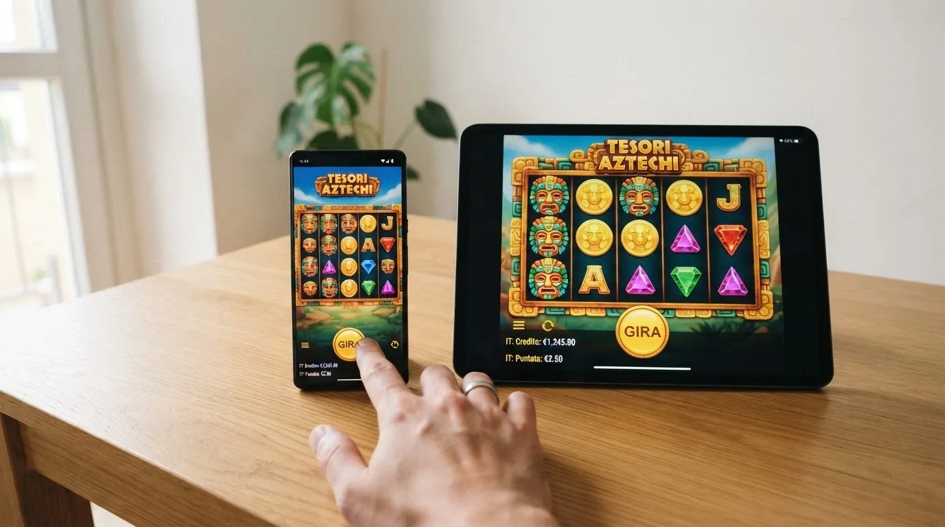 Uno smartphone e un tablet affiancati che mostrano la stessa slot in esecuzione, con l'interfaccia touch in evidenza