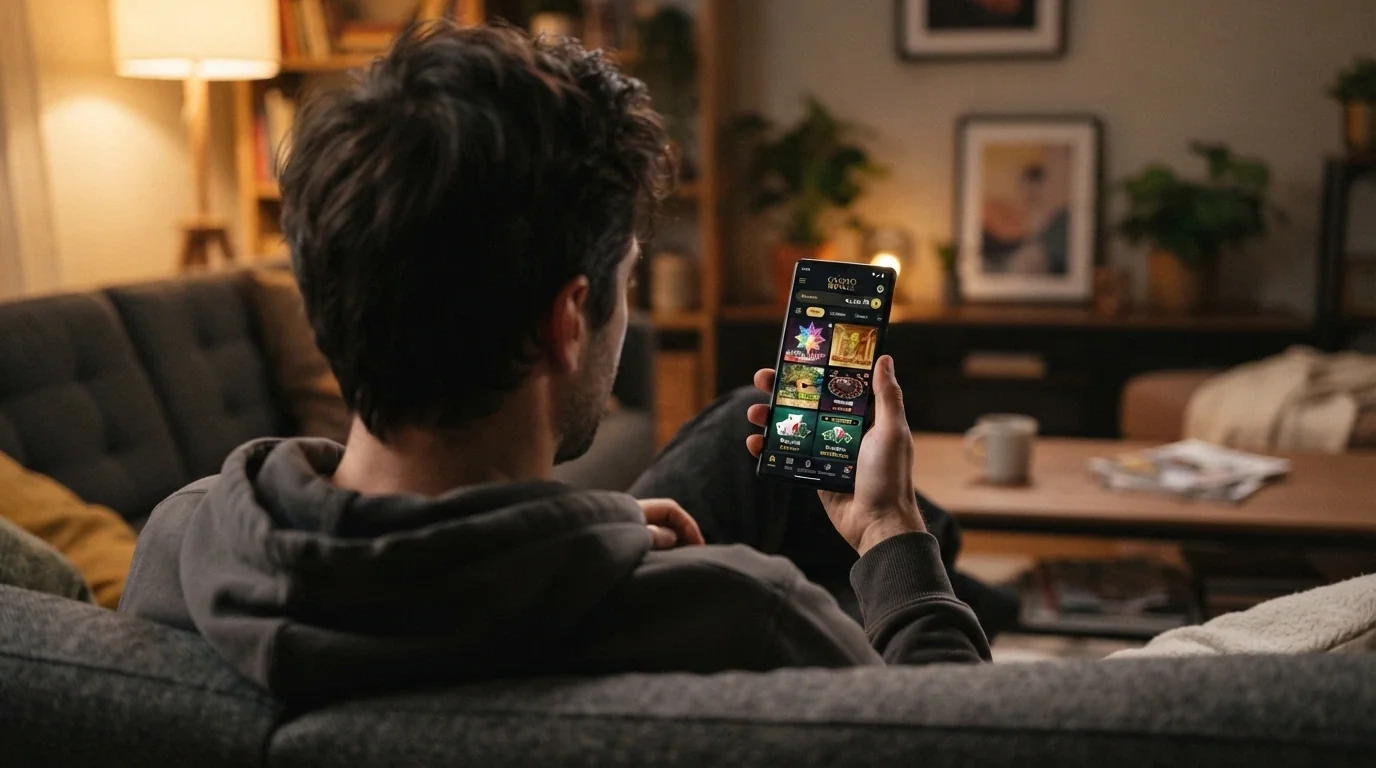 Uno smartphone in mano a un giocatore con l'interfaccia mobile-responsive di un casinò Bitcoin sullo schermo e l'ambiente circostante sfocato