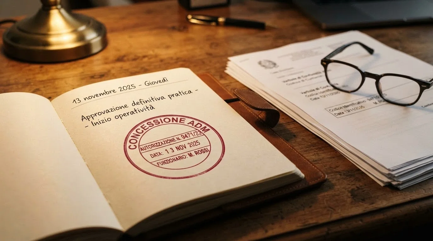 Un calendario aperto sul 13 novembre 2025 con il timbro «Concessione ADM» sopra una pila di documenti ufficiali