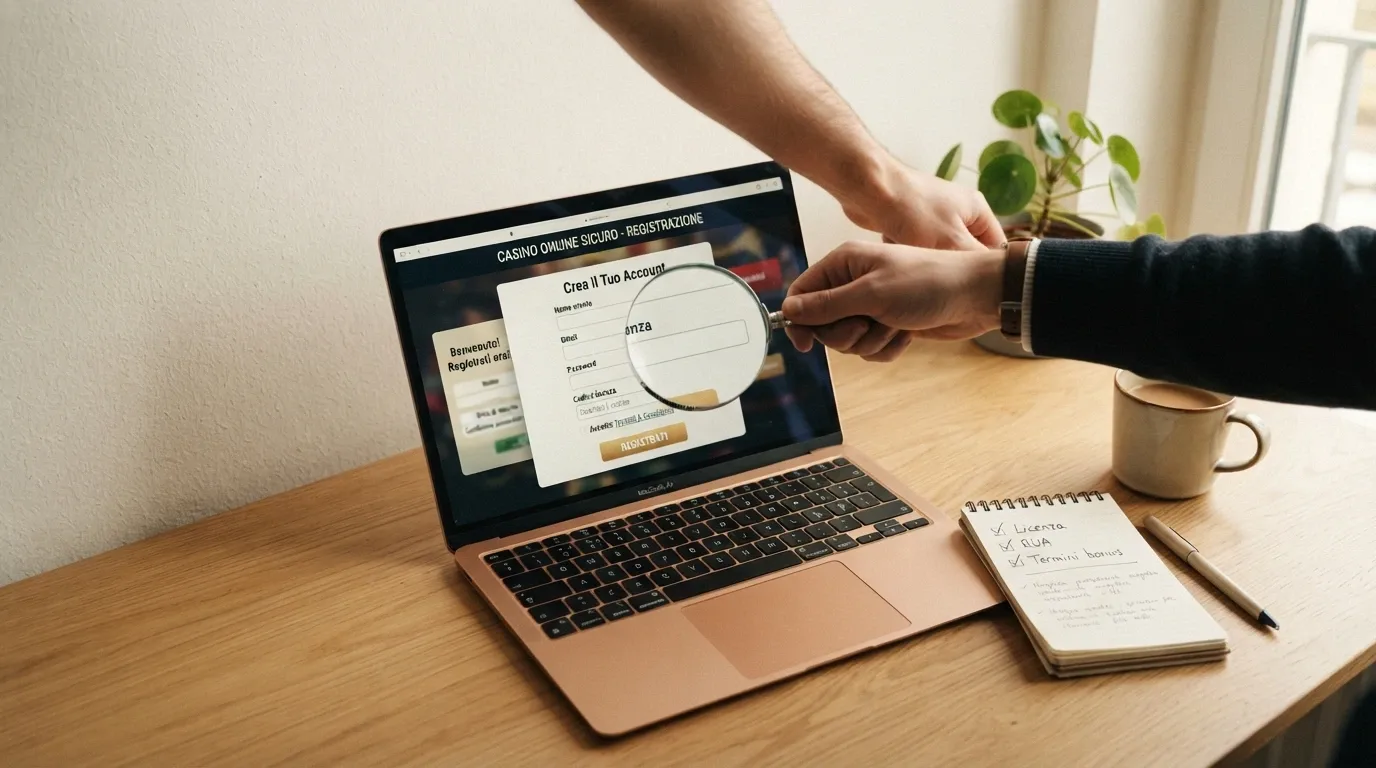 La pagina di registrazione di un casinò online con il campo «Codice licenza» evidenziato da una lente di ingrandimento, accanto a una checklist con le voci Licenza, RUA, Termini bonus