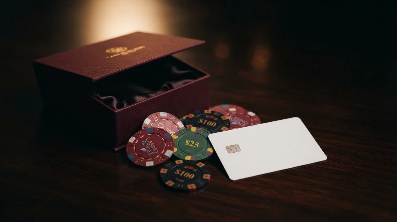 Un pacco regalo semiaperto da cui escono fiches da casinò e una carta di credito, su sfondo scuro