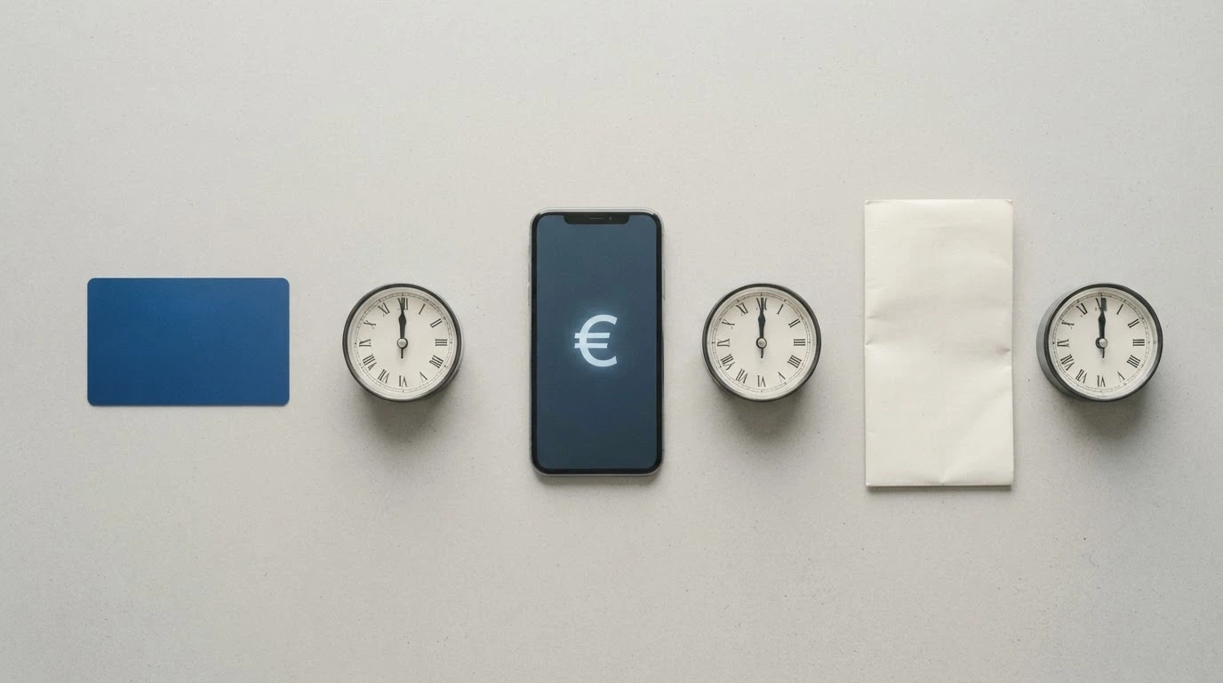 Una selezione di metodi di pagamento (carta, PayPal, bonifico, Postepay) disposti su una superficie piana, con orologi che indicano le tempistiche di accredito
