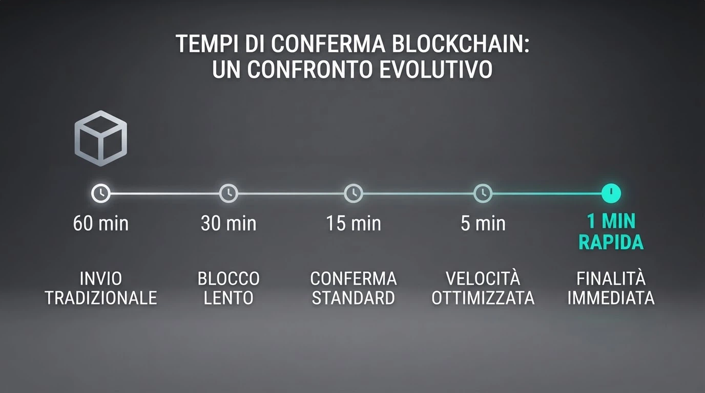 Cronologia di una transazione USDT su blockchain con indicazione dei tempi di conferma