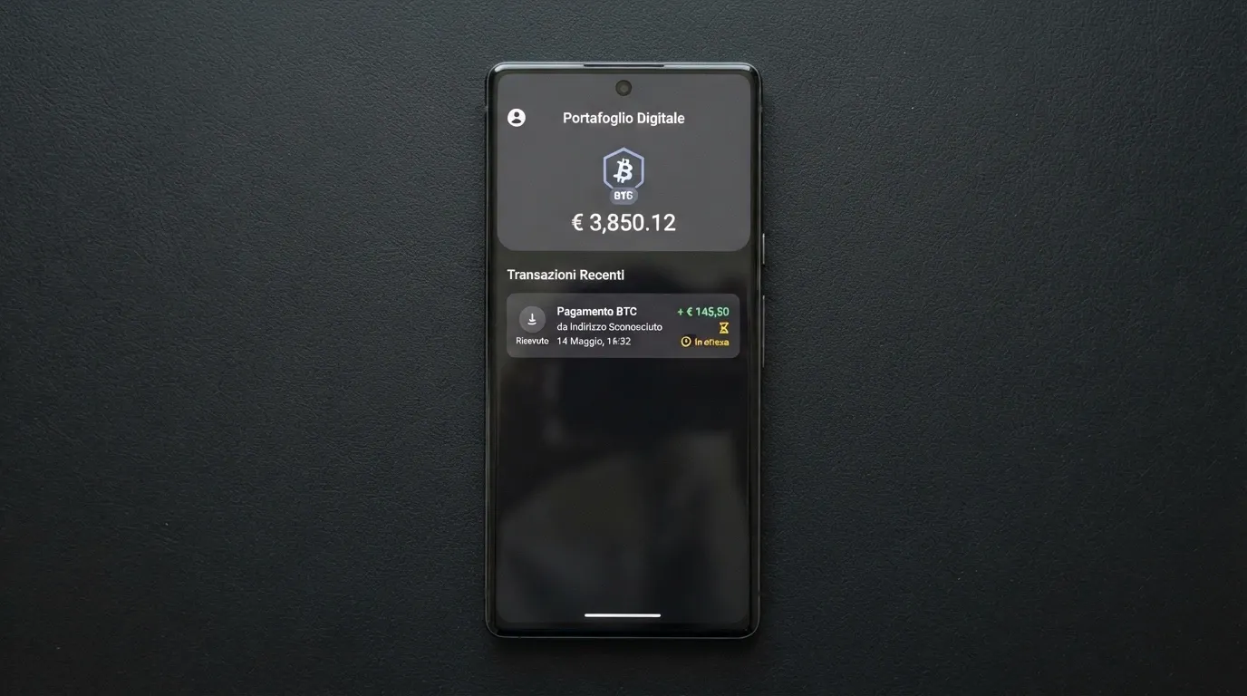 L'interfaccia di un wallet Bitcoin con una transazione in uscita verso un casinò online e lo stato «in attesa di approvazione» visibile