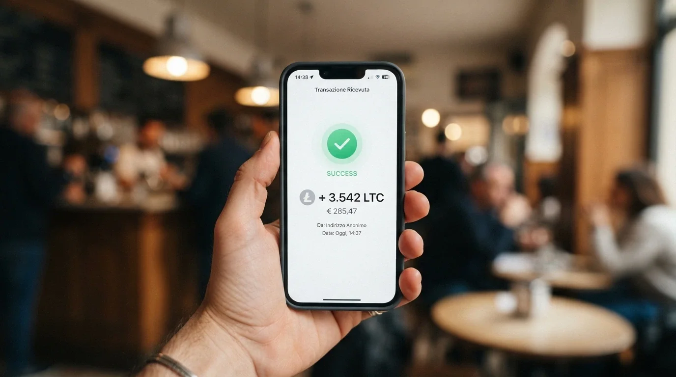 Smartphone con wallet Litecoin che mostra una transazione in entrata confermata
