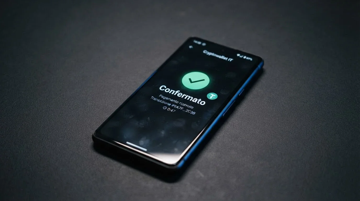 Uno smartphone che mostra la conferma di un pagamento in criptovaluta con il timestamp «meno di 1 minuto» sullo schermo