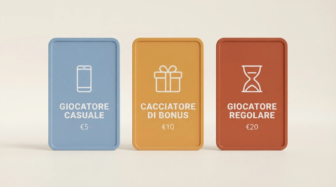 Tre profili di giocatore stilizzati: occasionale (5€, smartphone), da bonus (10€, regalo), abituale (20€, clessidra e limiti), ciascuno con il proprio deposito consigliato