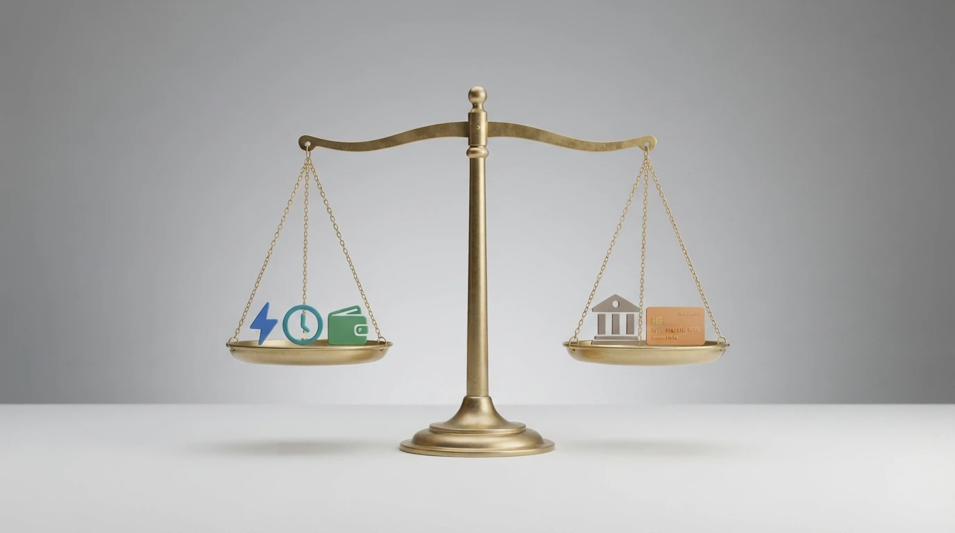 Una bilancia a due piatti: su uno le icone degli e-wallet (velocità), sull'altro le icone del bonifico e delle prepagate (controllo e importi elevati), con il punto di equilibrio al centro