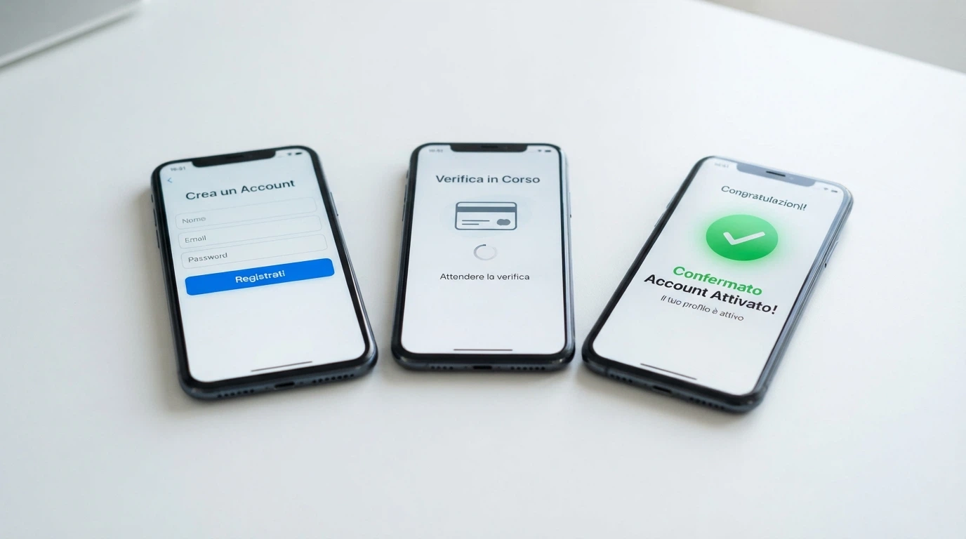 Una sequenza di tre schermate: la pagina di registrazione di un casinò, l'app CieID in fase di lettura, la conferma di conto attivo